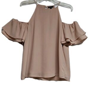 Shinestar Top Women Off Cold Shoulder Short Ruffles Sleeves Medium Pink M